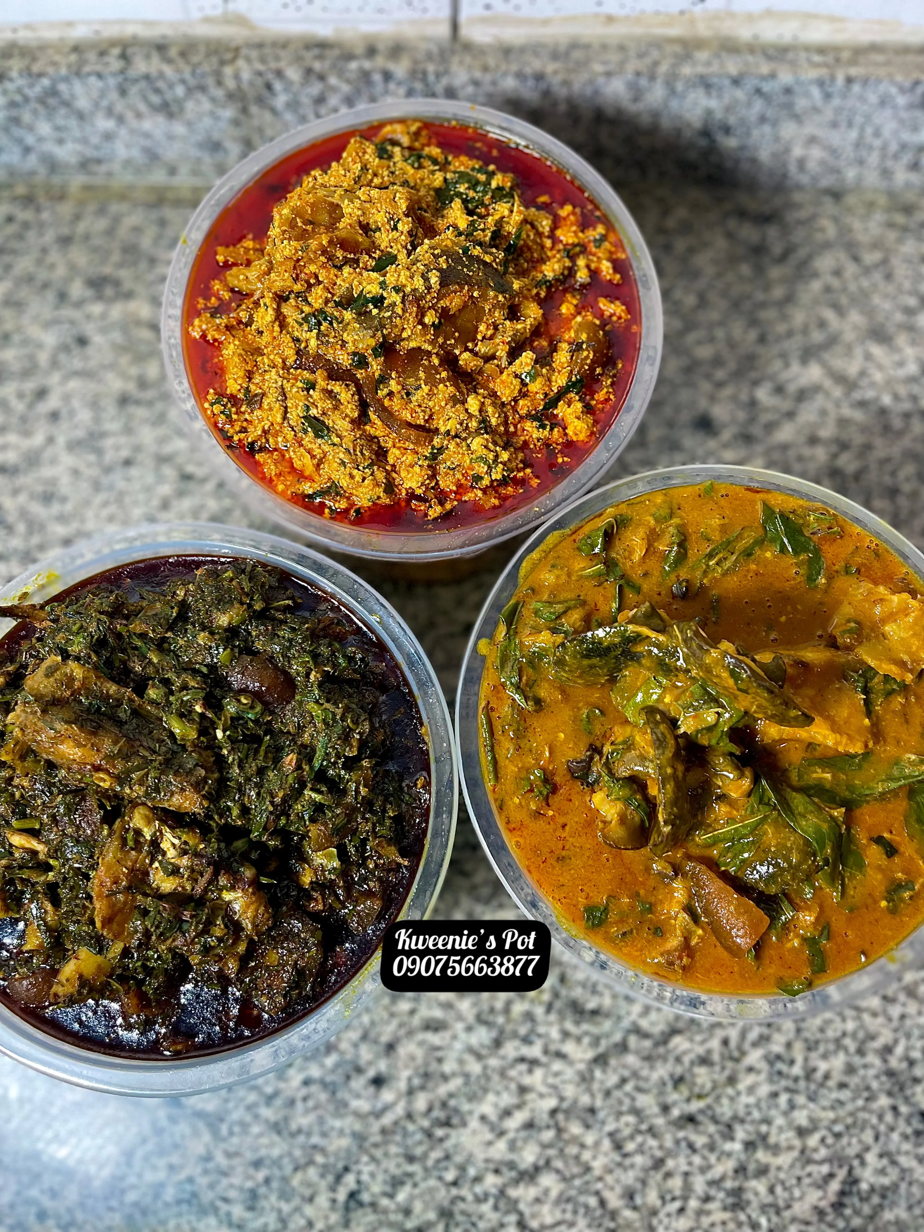 Three Nigerian soups - efo riro, egusi, and okra - top view